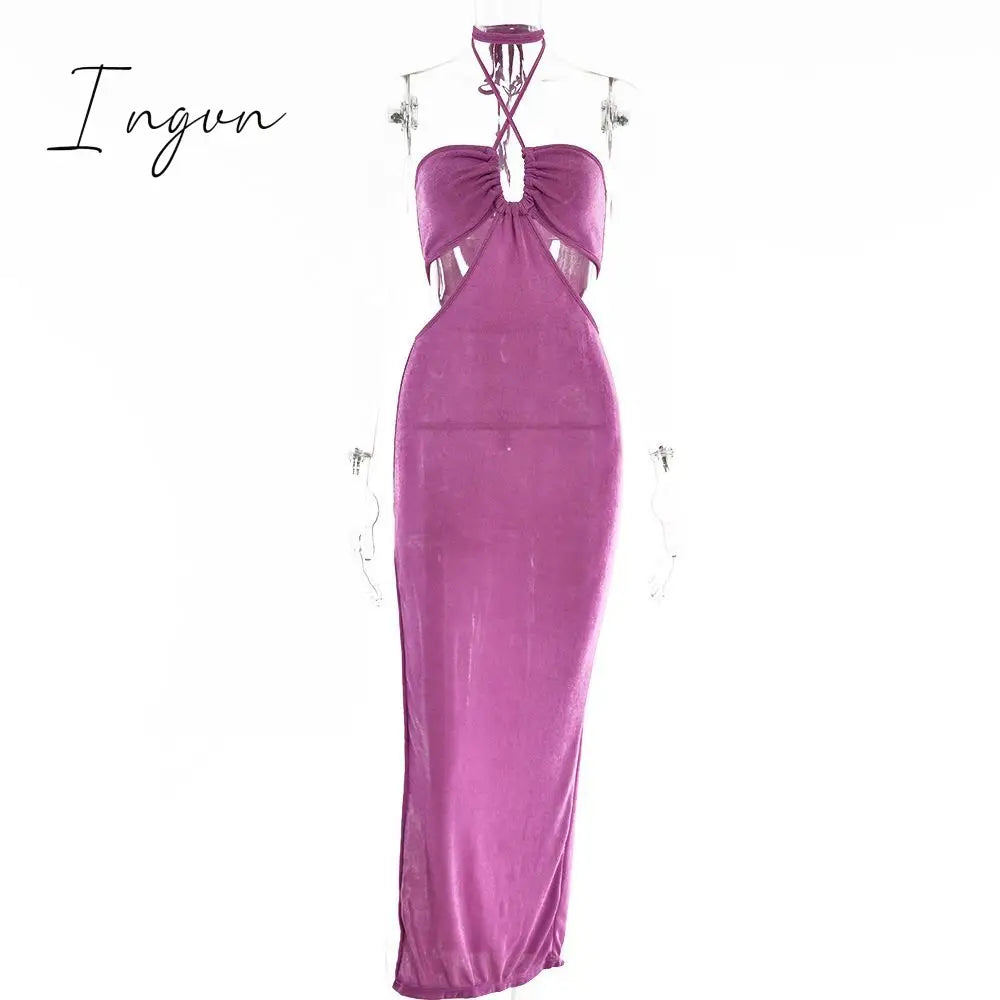 Ingvn - Sexy Hollow Out Corset Maxi Dress Party Women Halter Cut Wrap Split Long Dresses Summer