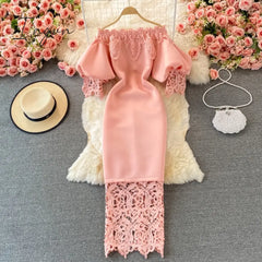 Ingvn - Sexy Hollow Out Lace Bodycon Long Dress Women Elegant Red/Pink/White Off Shoulder Patchwork