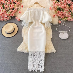 Ingvn - Sexy Hollow Out Lace Bodycon Long Dress Women Elegant Red/Pink/White Off Shoulder Patchwork