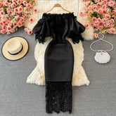 Ingvn - Sexy Hollow Out Lace Bodycon Long Dress Women Elegant Red/Pink/White Off Shoulder Patchwork