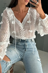 Ingvn - Sexy Jacquard Solid Color Lace Up See-Through V Neck Tops Tops/Blouses & Shirts