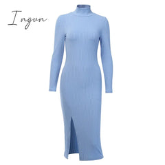 Ingvn - Sexy Knee - Length Party Dresses Cotton Ribbed Knitted Turtleneck Solid Split Long Sleeve