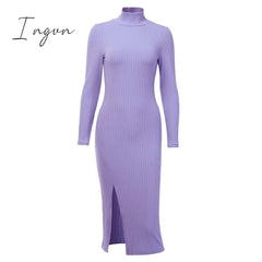 Ingvn - Sexy Knee - Length Party Dresses Cotton Ribbed Knitted Turtleneck Solid Split Long Sleeve