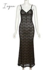 Ingvn - Sexy Lace Spaghetti Strap Maxi Dress Women Off-Shoulder Sleeveless Gown Elegant Bodycon