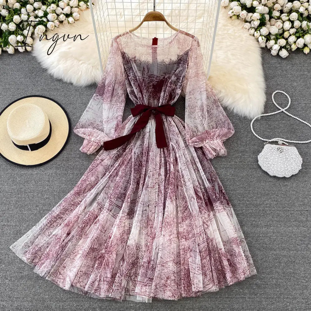 Ingvn - Sexy Mesh Printed Dress Women Spring Autumn Round Neck Puff Long Sleeve Ink Pattern A -