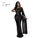 Ingvn - Sexy Mesh See Though Evening Dresses Sequins Women Dress One Shoulder Night Party Clothing
