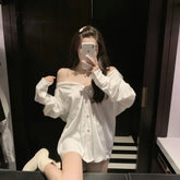 Ingvn - Sexy Off Shoulder Top Women Button Up White Shirt Long Sleeve Chiffon Blouse With Chain