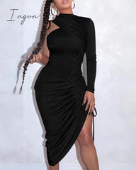 Ingvn - Sexy One Shoulder Drawstring Ruched Bodycon Dress Women Solid Long Sleeve Mid - Calf Night