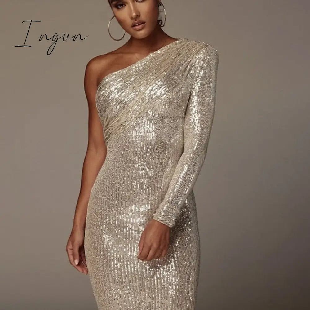 Ingvn - Sexy One Shoulder Dress Sparkle Glitzy Sequins Mesh Patchwork Celebrity Christmas Party