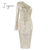 Ingvn - Sexy One Shoulder Dress Sparkle Glitzy Sequins Mesh Patchwork Celebrity Christmas Party
