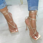 Ingvn - Sexy Open Squared Toe Thong Strap Heels Golden / 5