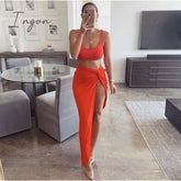 Ingvn - Sexy Party 2 Piece Set Women Plus Size Crop Top Twist Side Split Long Skirts Matching Sets