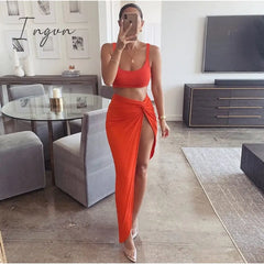 Ingvn - Sexy Party 2 Piece Set Women Plus Size Crop Top Twist Side Split Long Skirts Matching Sets