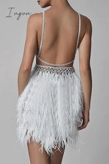 Ingvn - Sexy Party Hollowed Out Feathers V Neck Evening Dress Dresses Dresses/Party