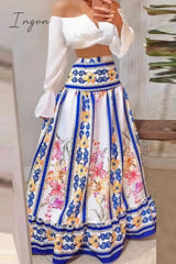 Ingvn - Sexy Print Flounce Contrast Off The Shoulder Long Sleeve Two Pieces Pieces/Two-Piece Dress