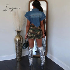 Ingvn - Sexy Sleeveless Single-Breasted Blue Denim Vest Women’s Turn-Down Collar Cut Out Short