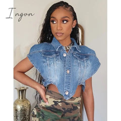 Ingvn - Sexy Sleeveless Single-Breasted Blue Denim Vest Women’s Turn-Down Collar Cut Out Short