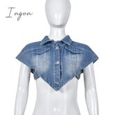 Ingvn - Sexy Sleeveless Single-Breasted Blue Denim Vest Women’s Turn-Down Collar Cut Out Short