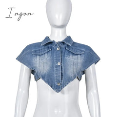 Ingvn - Sexy Sleeveless Single-Breasted Blue Denim Vest Women’s Turn-Down Collar Cut Out Short