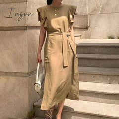 Ingvn - Sexy Sleeveless Summer Dress Ruffle Maxi Long With Belt Women Bohemian Sundress Party