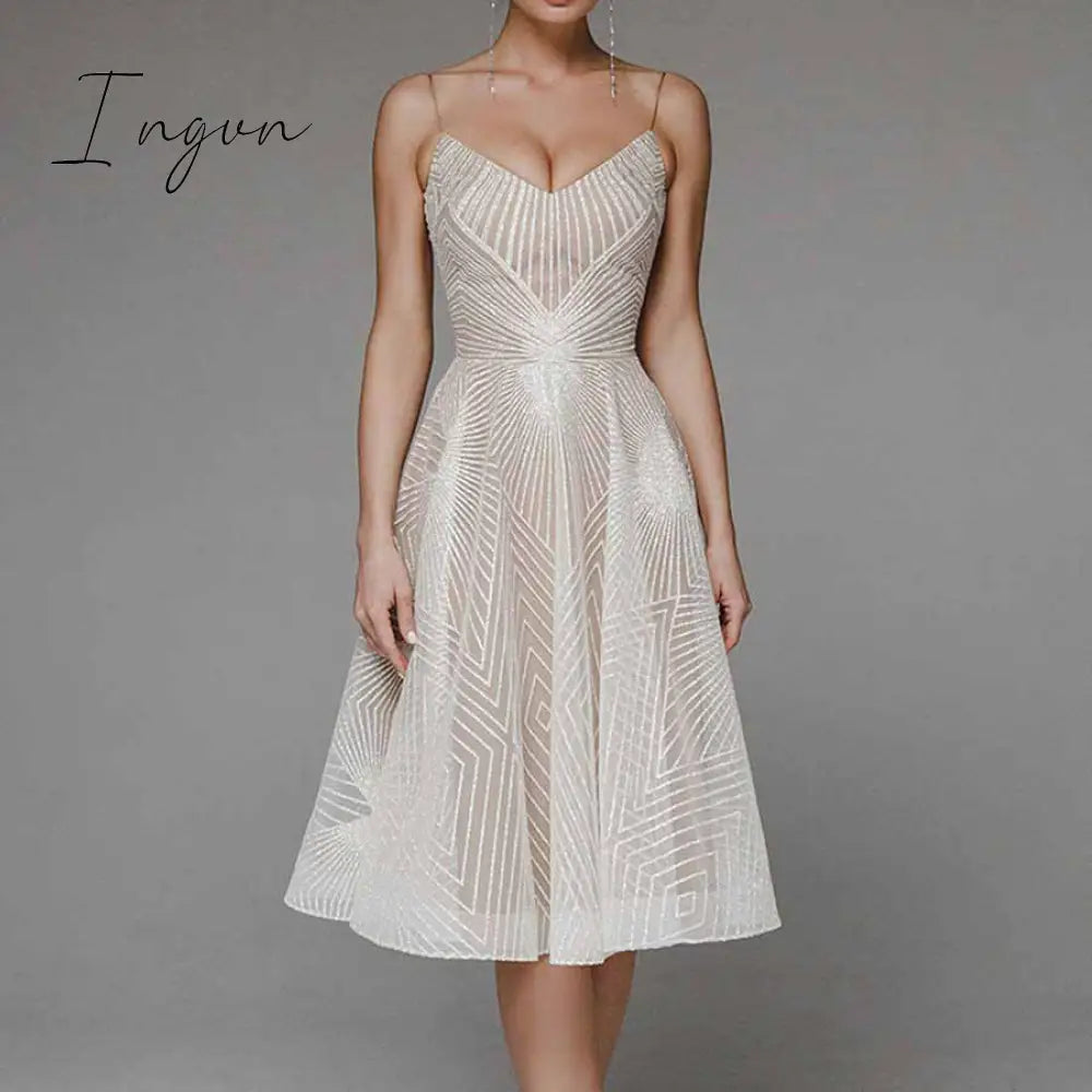 Ingvn - Sexy Slip Backless Embroidered Midi Dresses For Women Summer Elegant Luxury Evening Guest