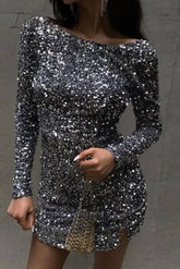 Ingvn - Sexy Solid Backless Sequined O Neck Wrapped Skirt Dresses Grey / S Dresses/Party