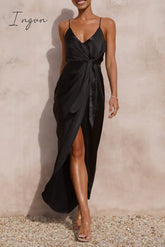 Ingvn - Sexy Solid Frenulum Fold V Neck Sling Dress Dresses Black / S Dresses/Casual