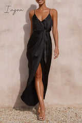 Ingvn - Sexy Solid Frenulum Fold V Neck Sling Dress Dresses Dresses/Casual