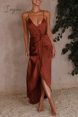 Ingvn - Sexy Solid Frenulum Fold V Neck Sling Dress Dresses Dresses/Casual