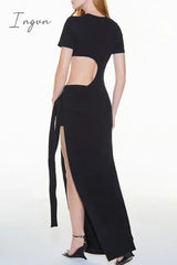 Ingvn - Sexy Solid High Opening Asymmetrical O Neck Irregular Dress Short Sleeve Dresses/Short