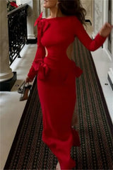 Ingvn - Sexy Solid Hollowed Out Slit With Bow O Neck Long Dress Dresses Dresses/Maxi