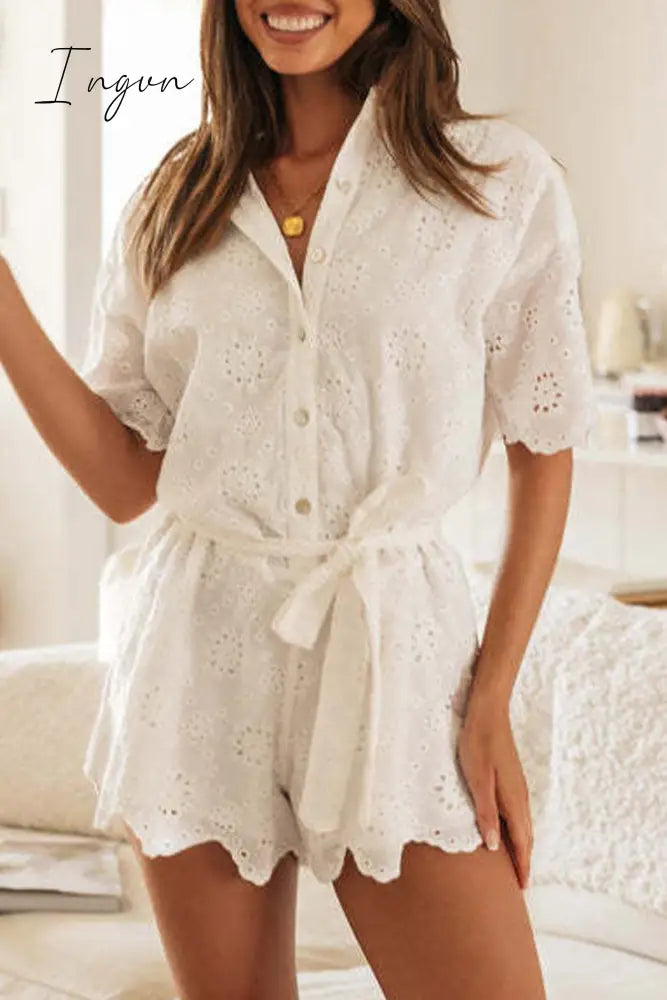 Ingvn - Sexy Solid Jacquard Embroidered Bandage Turndown Collar Loose Rompers Jumpsuits &