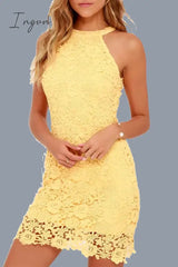 Ingvn - Sexy Solid Jacquard Lace Halter Wrapped Skirt Dresses Dresses/Casual