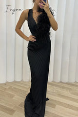Ingvn - Sexy Solid Patchwork Pleated V Neck Long Dress Dresses Dresses/Maxi