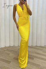 Ingvn - Sexy Solid Patchwork Pleated V Neck Long Dress Dresses Dresses/Maxi