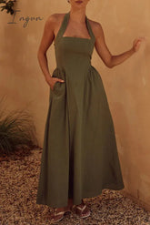 Ingvn - Sexy Solid Pocket Fold Halter Sleeveless Dresses Ink Green / S Dresses/Casual