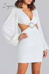 Ingvn - Sexy Solid Sequins Sequined V Neck Wrapped Skirt Dresses Dresses/Long Sleeve