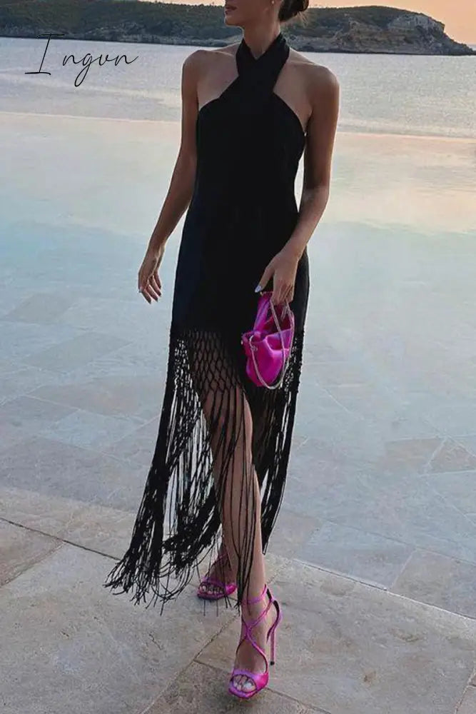 Ingvn - Sexy Solid Tassel Halter Sleeveless Dress Dresses Dresses/Casual