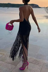 Ingvn - Sexy Solid Tassel Halter Sleeveless Dress Dresses Dresses/Casual