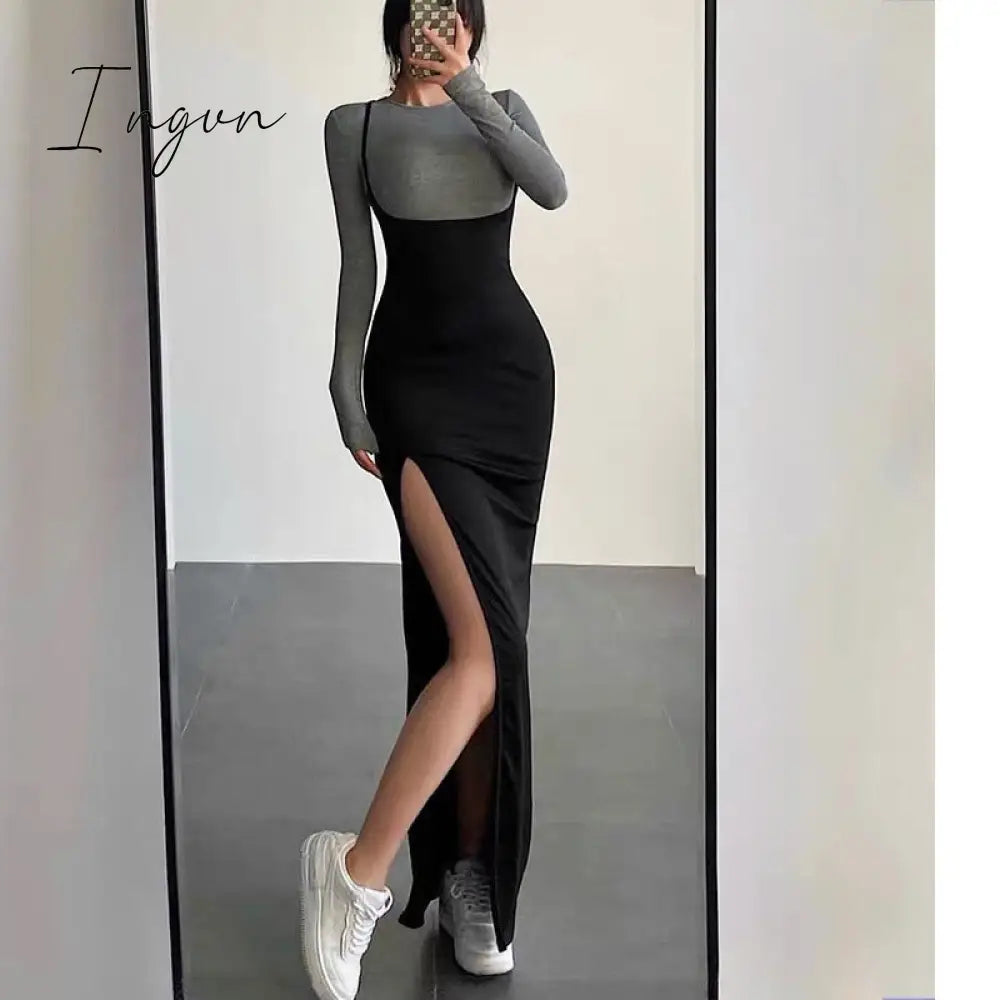 Ingvn - Sexy Split Design Dress Set Autumn Spring Long Sleeve T-Shirt Women Two Piece Elastic Slim