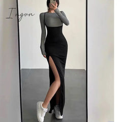 Ingvn - Sexy Split Design Dress Set Autumn Spring Long Sleeve T-Shirt Women Two Piece Elastic Slim