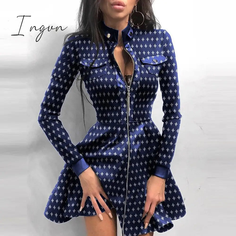 Ingvn - Sexy Stand Collar Print Zipper Long Sleeves Mini Dress Casual Autumn Winter Fashion Pocket