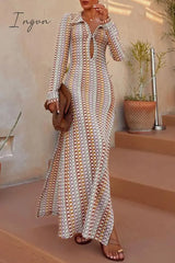 Ingvn - Sexy Street Color Block Slit Weave V Neck Long Sleeve Dresses Dresses/Long