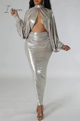 Ingvn - Sexy Street Solid Patchwork Fold O Neck Long Sleeve Two Pieces Pieces/Two-Piece Dress