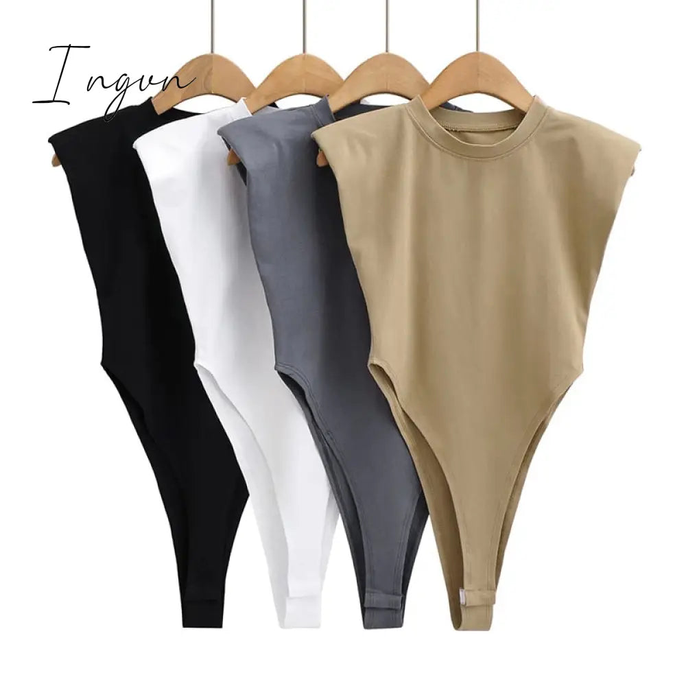 Ingvn - Sexy Tops Women Summer One-Pieces Bodycon Bodysuit Padded Shoulder Black Sleeveless Body
