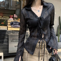 Ingvn - Sexy Transparent Blouse Women Lace Korean Fashion Harajuku Long Sleeve See Through Black