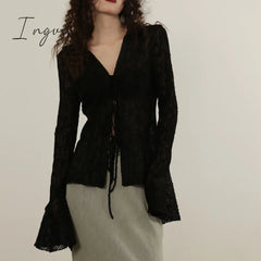 Ingvn - Sexy Transparent Blouse Women Lace Korean Fashion Harajuku Long Sleeve See Through Black