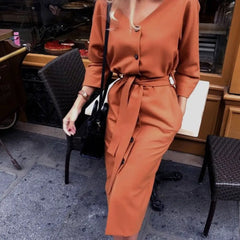 Ingvn - Sexy V Neck Autumn Long Sleeve Women Dress Ladies Sashes Button Casual Office New Fashion