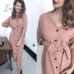 Ingvn - Sexy V Neck Autumn Long Sleeve Women Dress Ladies Sashes Button Casual Office New Fashion