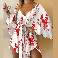 Ingvn - Sexy V - Neck Women Mini Dress Casual Leaf Leopard Print Harajuku Batwing Sleeve Lady